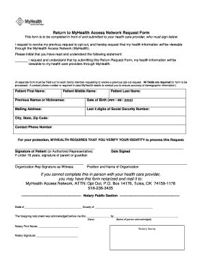 Fillable Online Return To Myhealth Access Network Request Form Fax