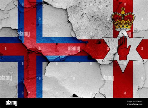 Flags Of Faroe Islands And Northern Ireland Painted On Cracked Wall