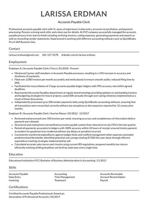 Accounts Payable Clerk Resume Cv Example And Writing Guide