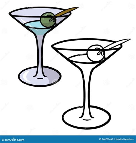 Cocktail Met Olijf In Een Van Glas Voorziene Martini Tekenfilmillustratie Op Een Witte