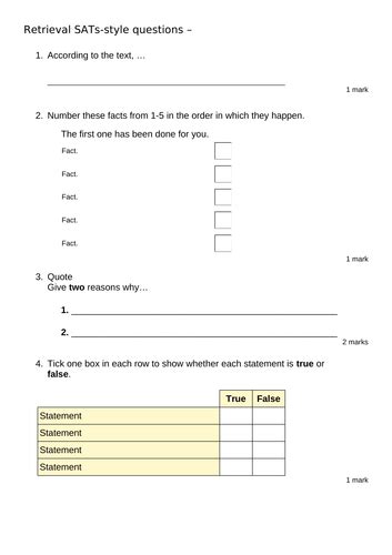 Ks2 Reading Sats Style Question Stems Question Types Teaching Resources