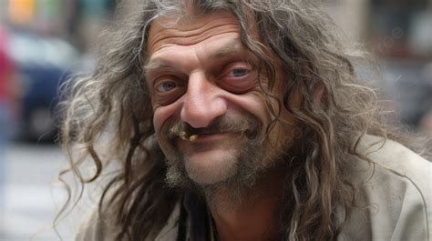 Homeless Man Smiling And Smoking Cigarettes Background Ugly Man