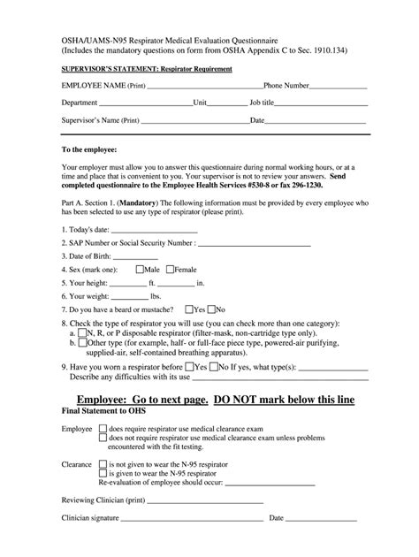 Fillable Online N95 Respirator Medical Evaluation Questionnaire Doc Fax