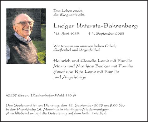 Traueranzeigen Von Ludger Unterste Bahrenberg Trauer In NRW De