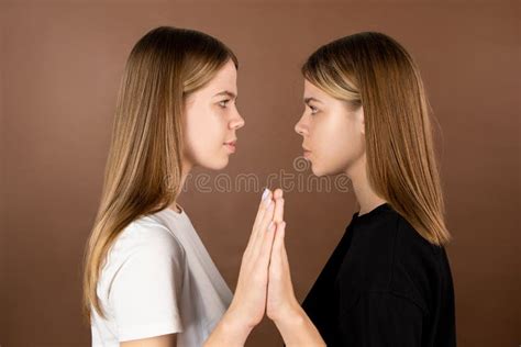 Girls Touching Each Other Faces With Mascara Brush Stock Photo Image