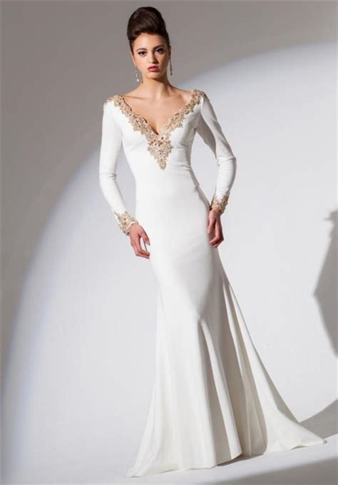 Fitted V Neck Low Back Long Sleeve White Chiffon Gold Beaded Evening Prom Dress