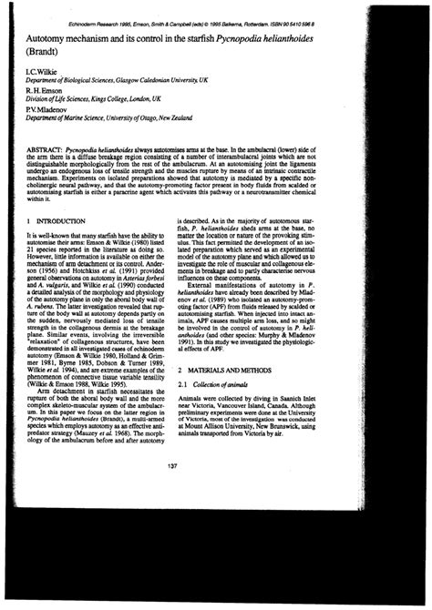 (PDF) Wilkie et al. 1995. Autotomy mechanism and its control in the starfish Pycnopodia ...