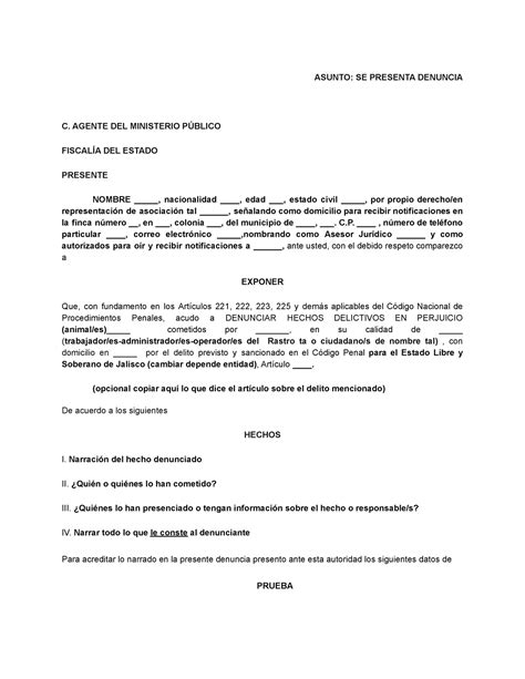 Formato Denuncia Penal Asunto Se Presenta Denuncia C Agente Del