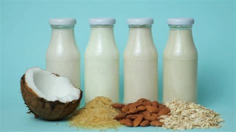 Types Of Plant Based Milk In Glass Bottles Coconut Rice Almond And