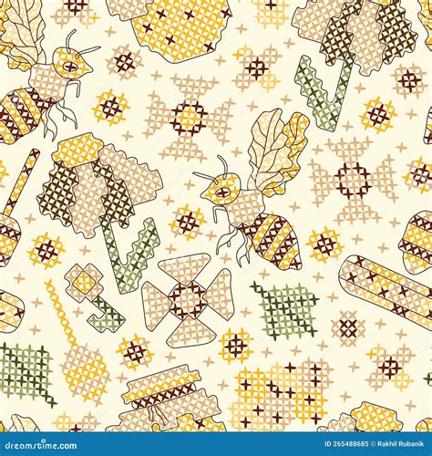 Bees Honey Honeycombs And Flowers Seamless Vector Pattern With Cross