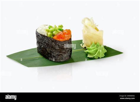 Gunkan Maki Sushi With Salmon Topping Diced Avocado And Mayo Served