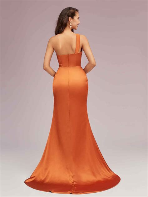 Sexy Side Slit Mermaid One Shoulder Long Soft Satin Evening Prom