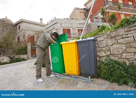 Man Looking Into Recycle Bin Stock Photo Image Of Environment