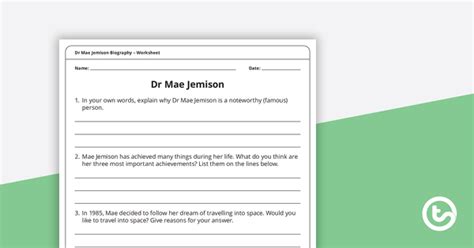 Dr Mae Jemison Biography Worksheet Teach Starter