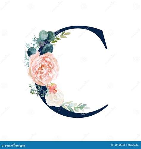 Floral Alphabet Navy Color Letter C With Flowers Bouquet Composition