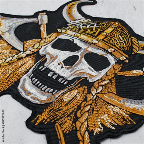 Embroidered Patch With Viking Skull In Horned Helmet With Axes Asatru