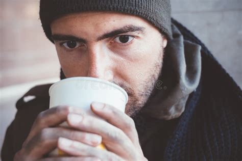 Homeless Man Is Drinking Coffee On Bench Stock Image Image Of Drunk