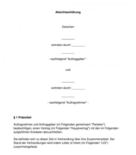 Absichtserklärung Letter of Intent Muster Word PDF