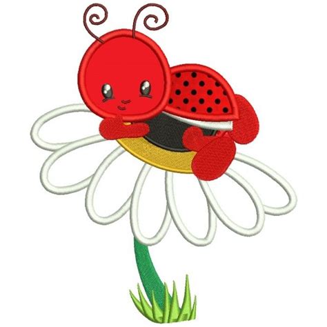 Cute Ladybug On A Daisy Applique Machine Embroidery Digitized Design