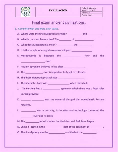 Final Exam Ancient Civilizations Worksheet Live Worksheets