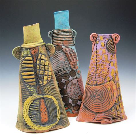 Three Vases Earthenware With Oxides Underglazes Interior Glaze