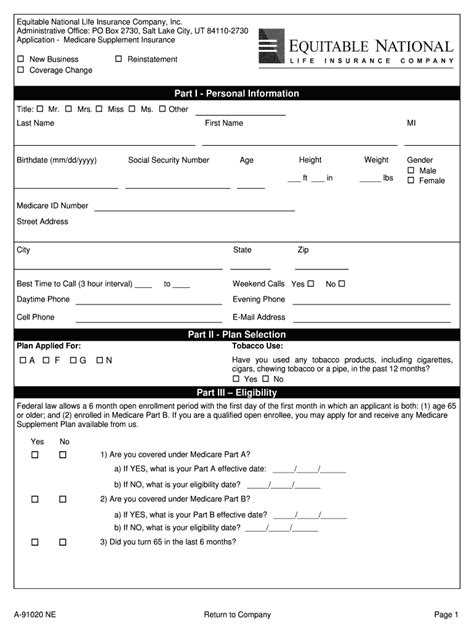 Fillable Online Equitable National Life Insurance Company Inc Utah