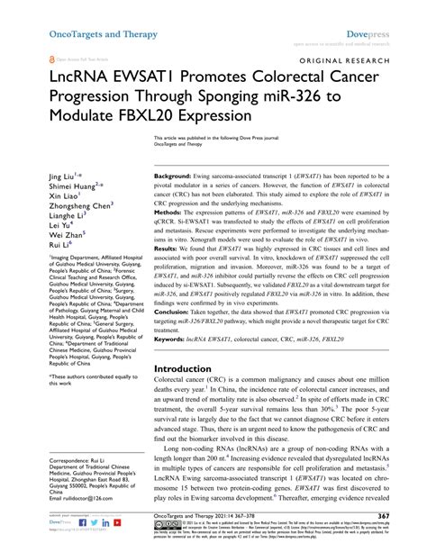 PDF LncRNA EWSAT1 Promotes Colorectal Cancer Progression Through