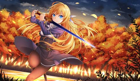 Anime Girl With Blonde Hair And Blue Eyes With Sword