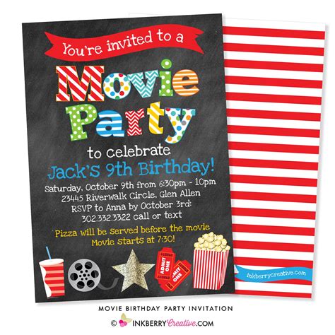 Movie Birthday Party Invitation Chalkboard Style Inkberry Creative