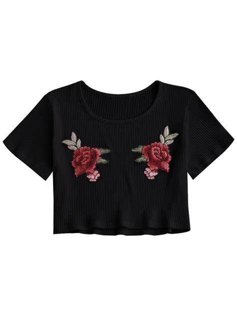 Floral Patches Ribbed Crop Top Black S Tops Floral Print Crop Top