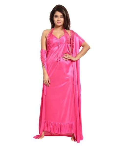 Reposey Women S Satin Solid Maxi Length Nighty With Robe Pc A