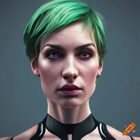 Character Design Of A Futuristic Woman With Short Green Hair On Craiyon