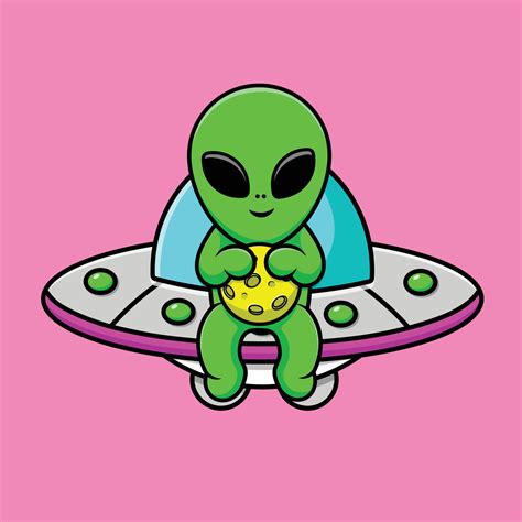 Cute Alien Holding Moon On Ufo Cartoon Vector Icon Illustration