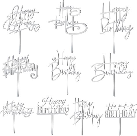 10 Pcs Silver Happy Birthday Cake Topper Acrylic Cupcake