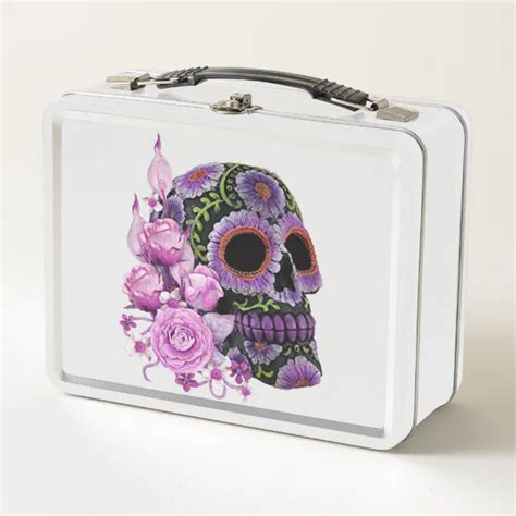 Pink Floral Black Sugar Skull Day Of The Dead Metal Lunch Box Zazzle