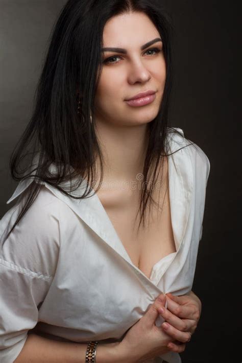 Studio Portrait Of A Brunette In White T Shirt Stock Image Image Of Female Face