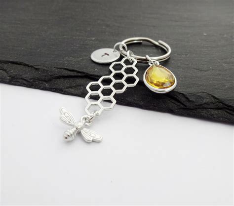 Honeycomb Keychain Bee Keyring Initial Keyring Bee T Etsy