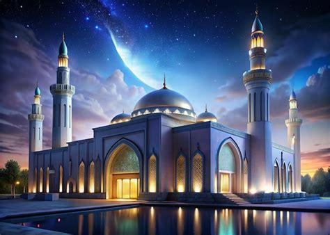 Premium Photo Beautiful Large Mosque With Moon In The Background