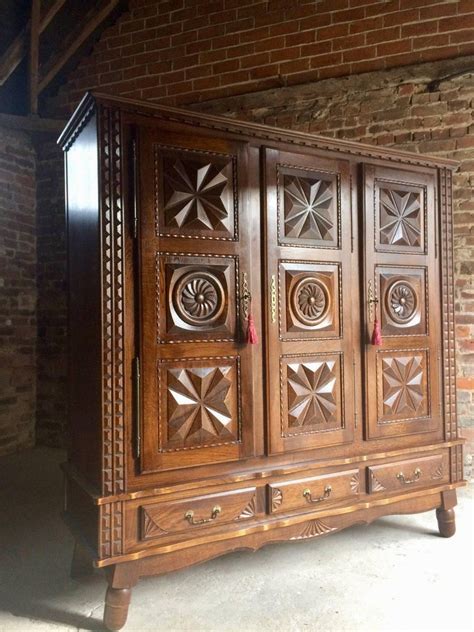 Antique Style French Oak Armoire Wardrobe Large Carved Bedside Cabinet