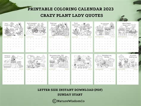 Printable Coloring Calendar 2023 Crazy Plant Lady Quotes Gardening