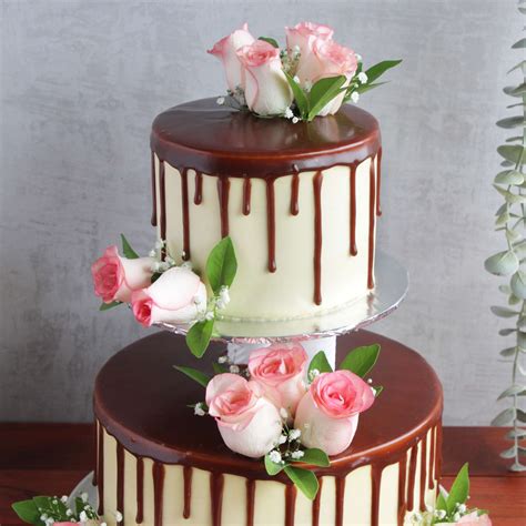 Chocolate Frosting Two Tier Cake With Fresh Flowers (Eggless) - Ovenfresh