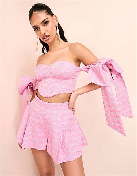 Asos Luxe Jacquard Bandeau Corset Top With Bow Tie Sleeves In Pink Print Part Of A Set Asos