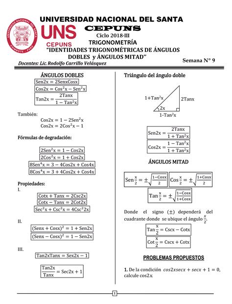 Semana Identidades Trigonometricas De Angulos Dobles X Pdf