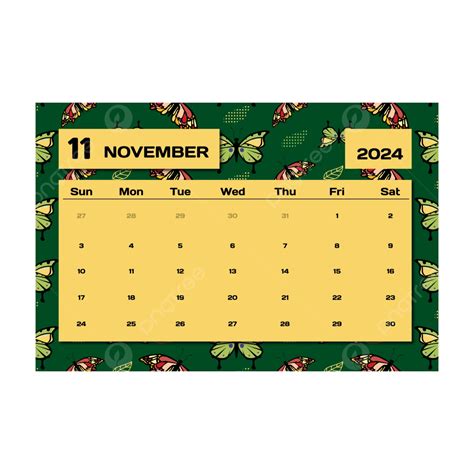 Monthly Calendar Of November 2024 With Butterfly Pattern Background