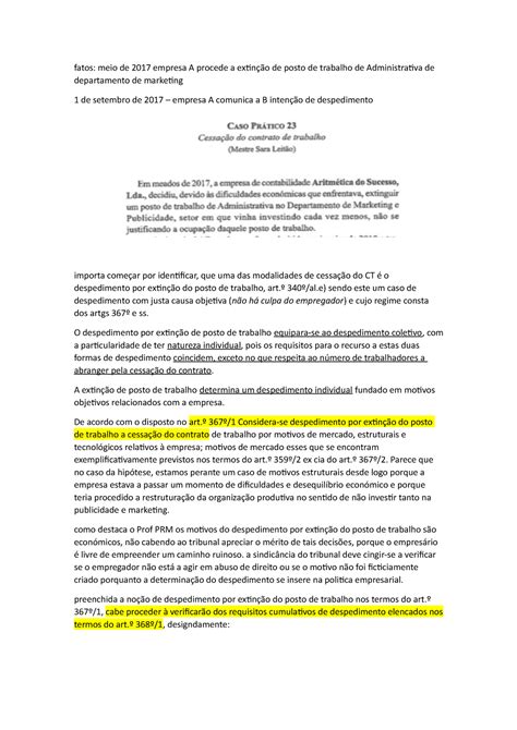 Caso Pr Tico Cessacao Despedimento Extincao Do Posto De Trabalho