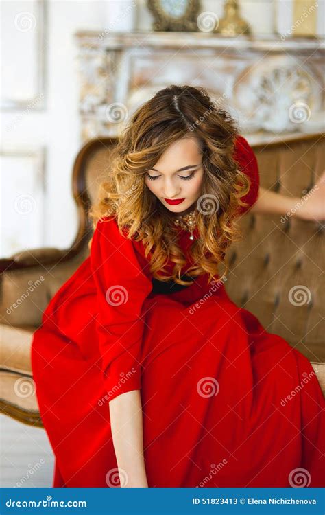 The Girl In A Red Dress With Gold Costume Jewelry Stock Image Image Of Portrait Dress 51823413