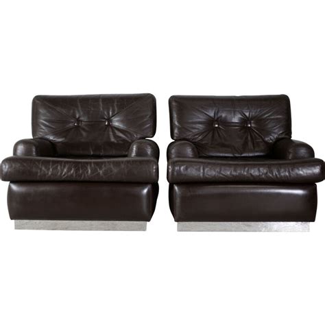 Paire De Fauteuils Vintage En Cuir Marron Et Pi Tement En Inox France