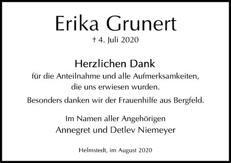 Traueranzeigen Von Erika Grunert Trauer Anzeigen De