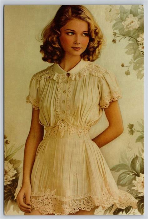 Postcard Curly Blonde Pinup In White Lacey Dress Blushing Cheeks Ebay Lacey Dress Dress