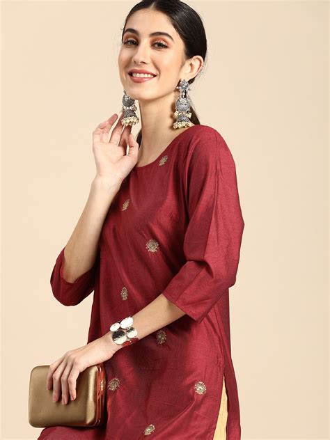 Anouk Women Maroon Ethnic Motifs Embroidered Kurta With Sequin Work